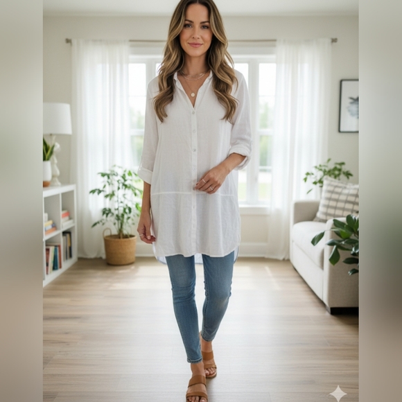 Tahari 100% Linen White Lagenlook Relaxed Tunic Button Down Shirt Sz Small - Picture 3 of 5